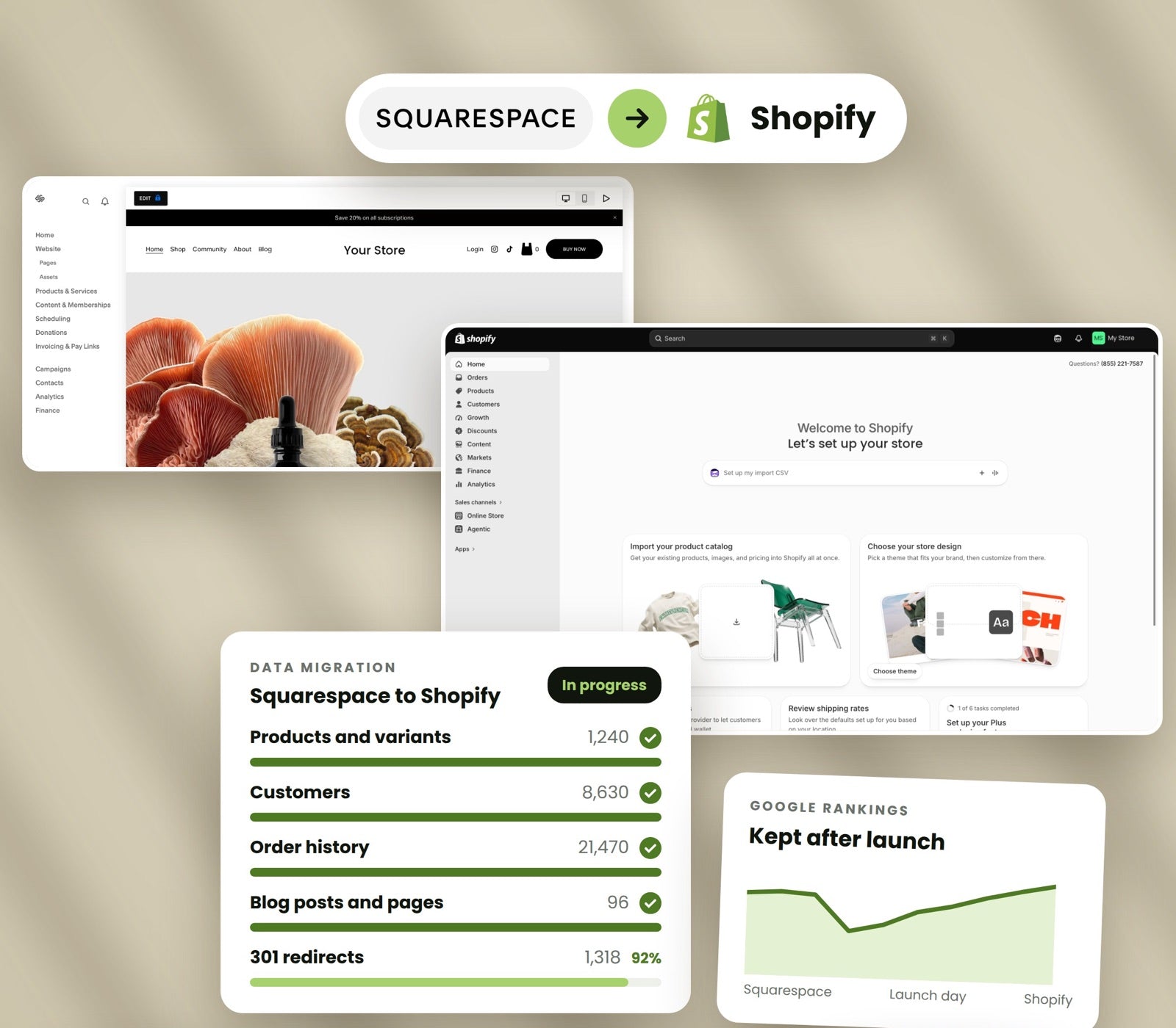 A Squarespace store and the same store rebuilt on Shopify, with a data migration panel showing products, customers, order history and redirects