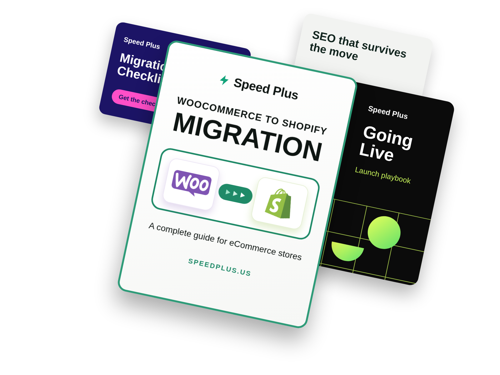 WooCommerce to Shopify migration guide from Speed Plus, shown as a stack of guide covers