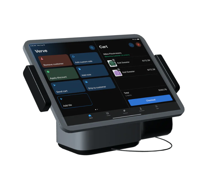 Shopify POS terminal showing a cart with line items ready for checkout