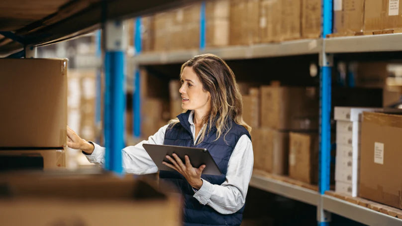 Warehouse team member reviewing wholesale inventory on a tablet