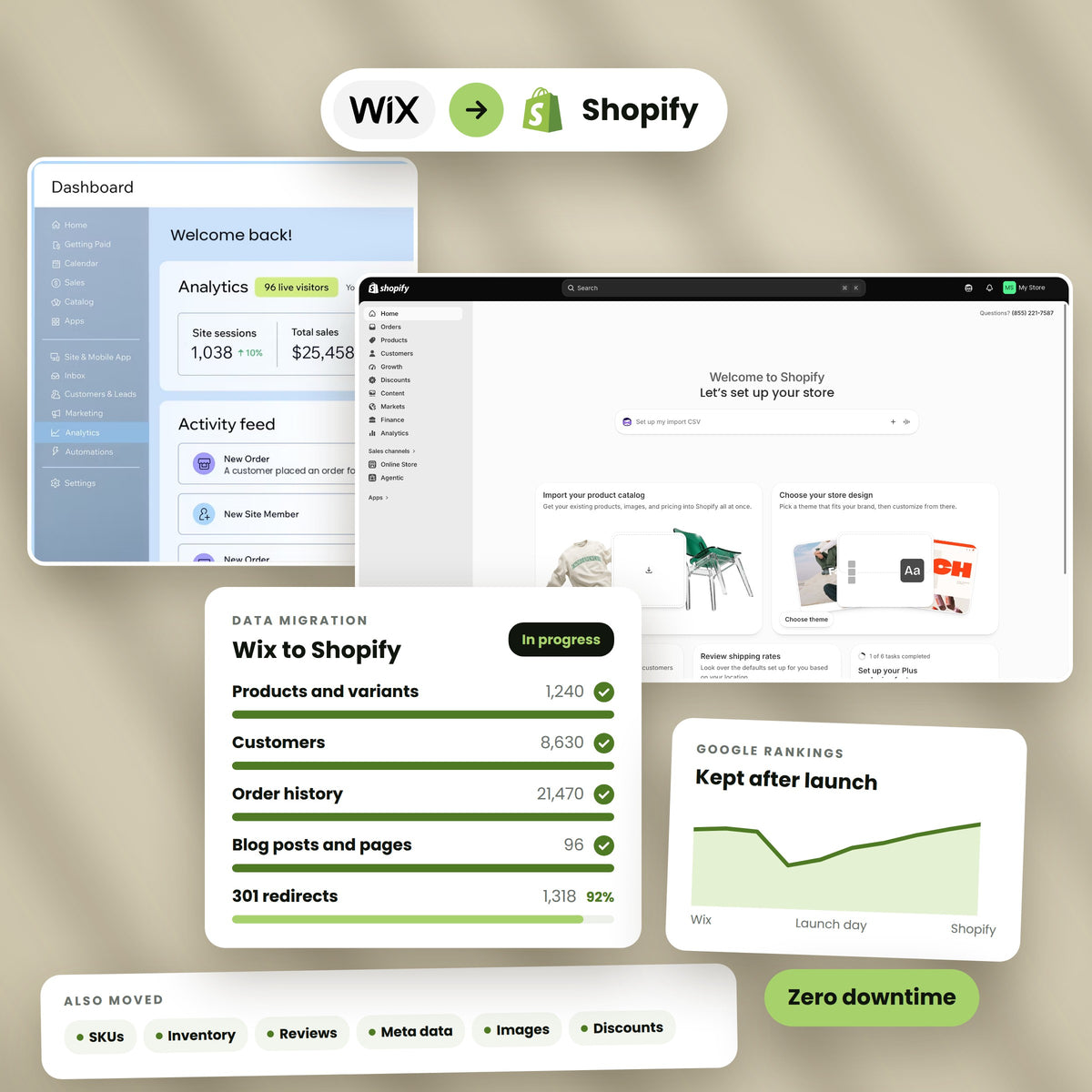 A Wix store and the rebuilt Shopify store side by side