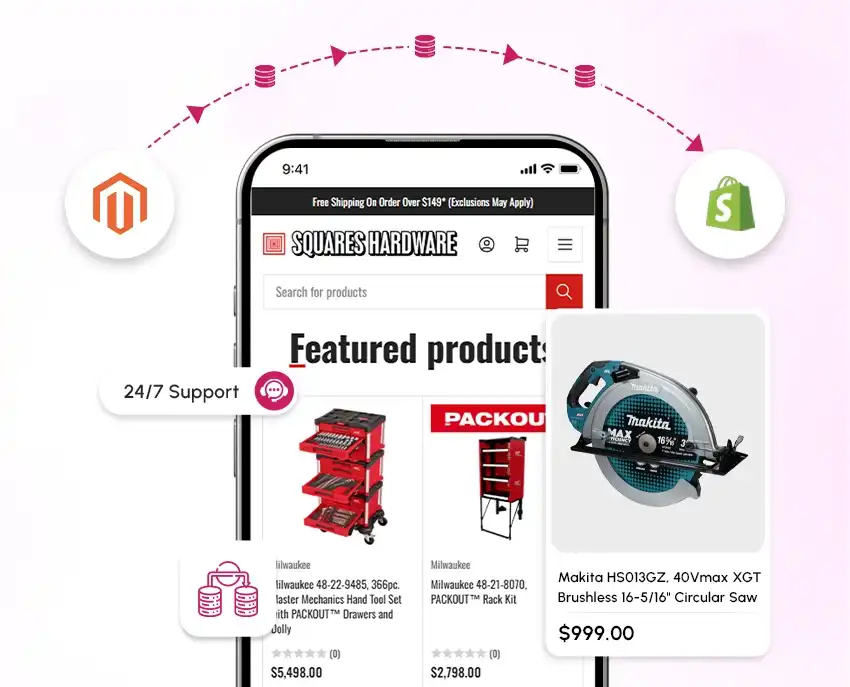 Product and order records moving from Magento to a Shopify storefront on mobile